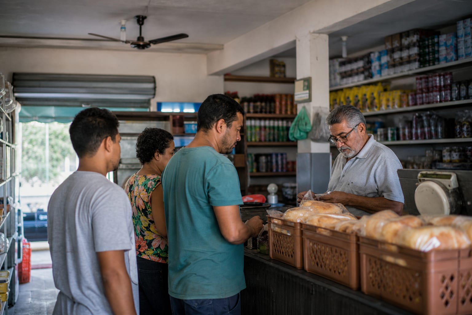 Fila de clientes no caixa de um mercadinho de bairro na hora do almoço