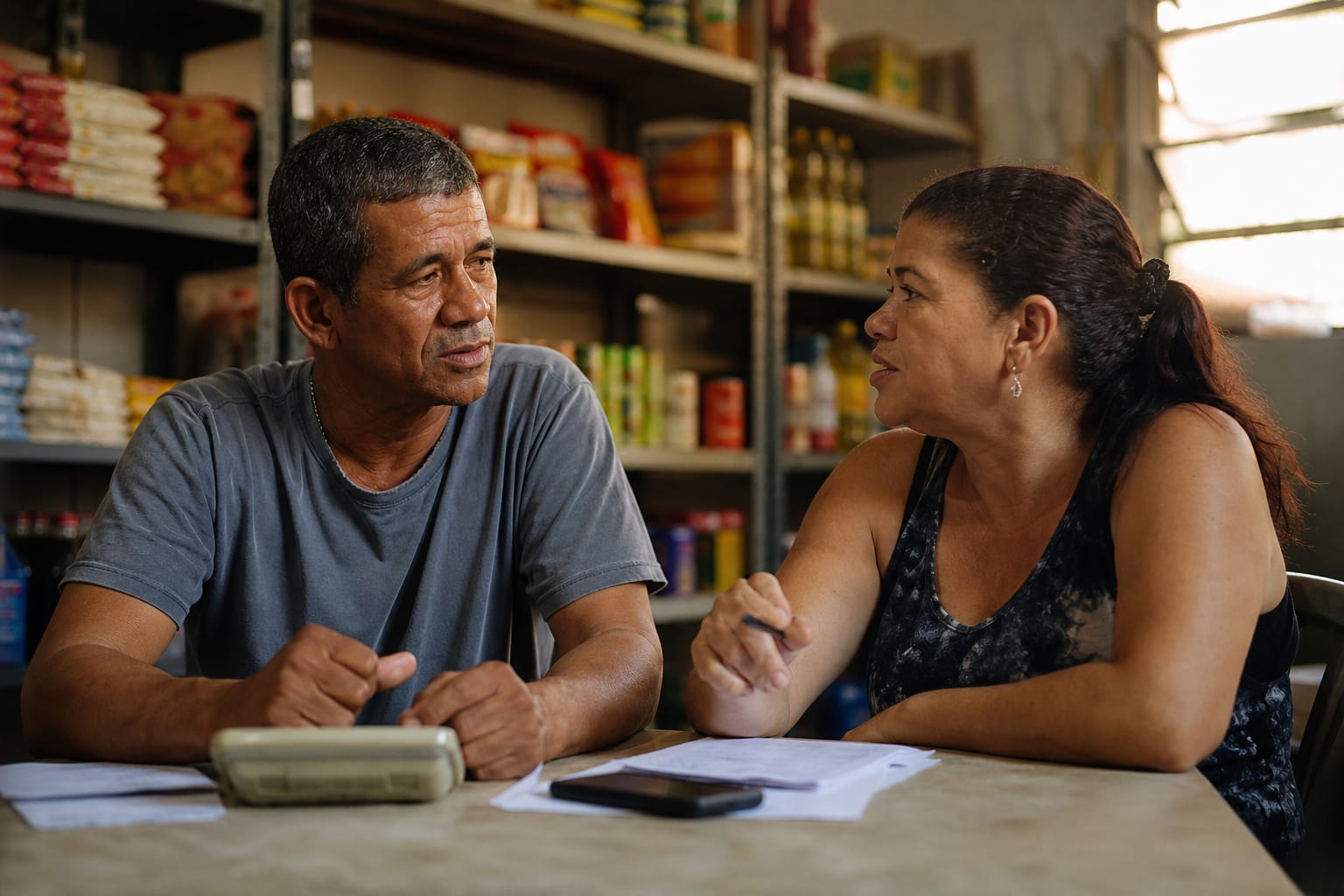 Casal de comerciantes faz contas com calculadora nos fundos da mercearia