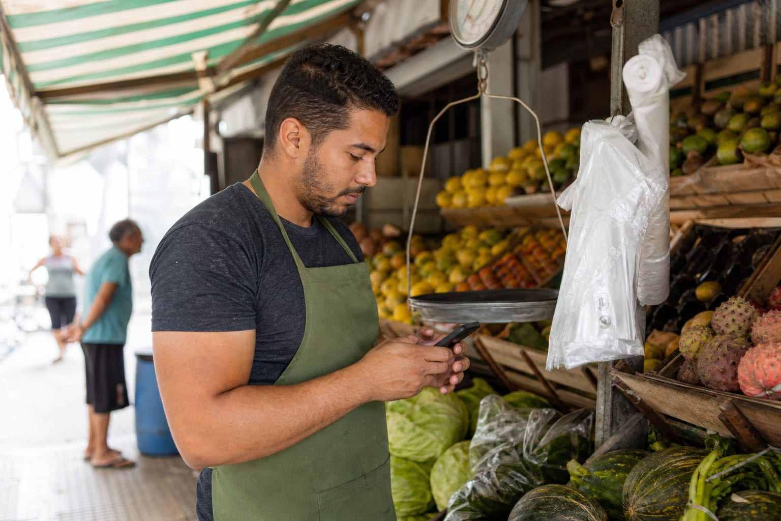 Lojista de hortifruti usa o celular entre caixas de frutas e legumes