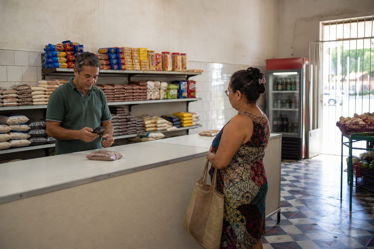 Dono de mercadinho de bairro atrás do balcão de fórmica, com o celular na mão, enquanto uma cliente com sacola de feira espera
